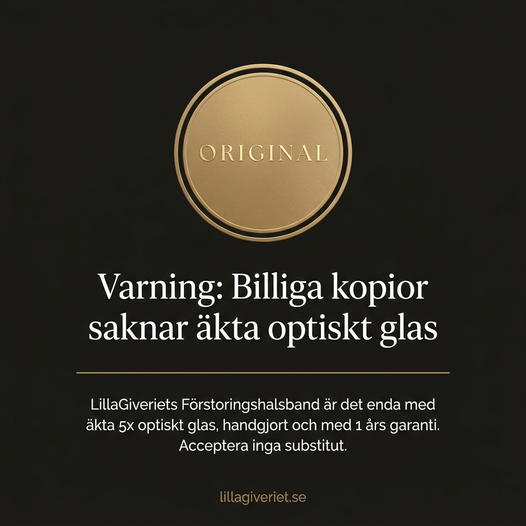 Varning: billiga kopior saknar äkta optiskt glas. LillaGiveriets förstoringshalsband har äkta 5x optiskt glas, handgjort och med 1 års garanti
